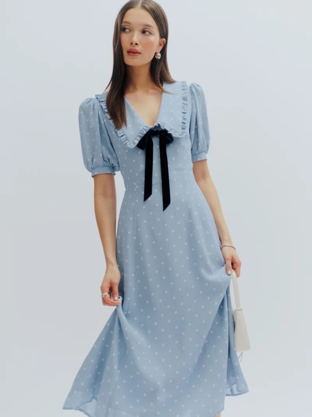 Reformation Buchanan Light Blue Polka Dot Midi Dress with Black Bow